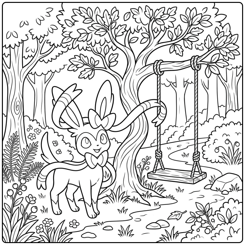 Charming Friendly Sylveon Forest Moment coloring page