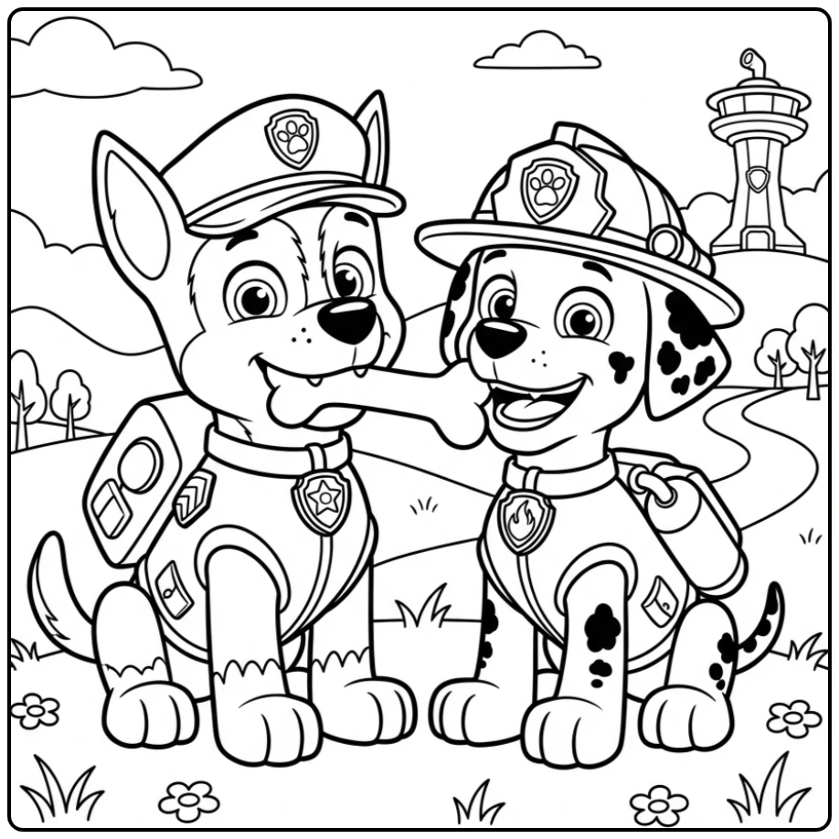 Easy Paw Patrol Chase and Marshall Sharing a Bone coloring page