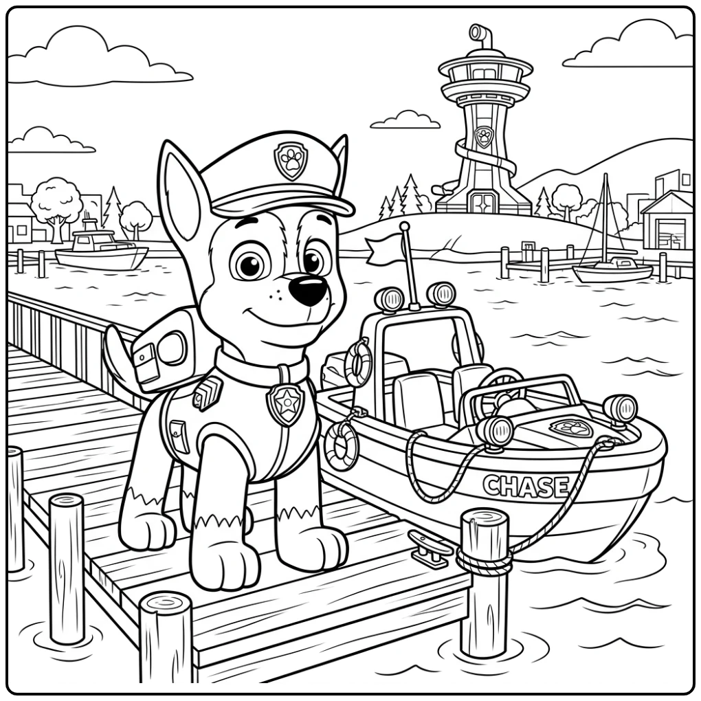 Paw Patrol Chase Adventure with His Rescue Boat coloring page