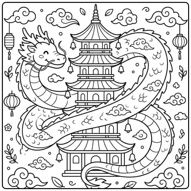 Chinese Dragon Climbing in a Tall Tower coloring page