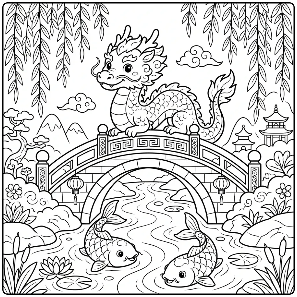 Chinese Dragon with a Bridge and Fish coloring page