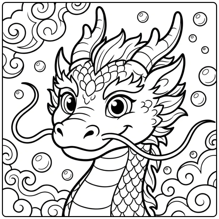 Chinese Dragon with Whiskers and Clouds coloring page