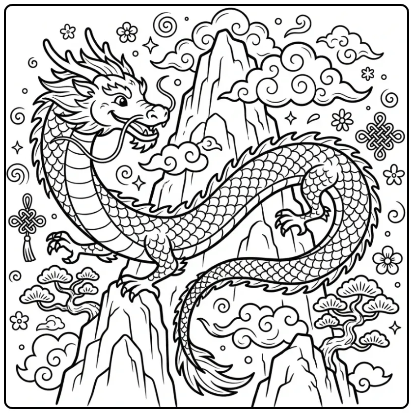 Chinese Dragon with Clouds and Pine Trees coloring page