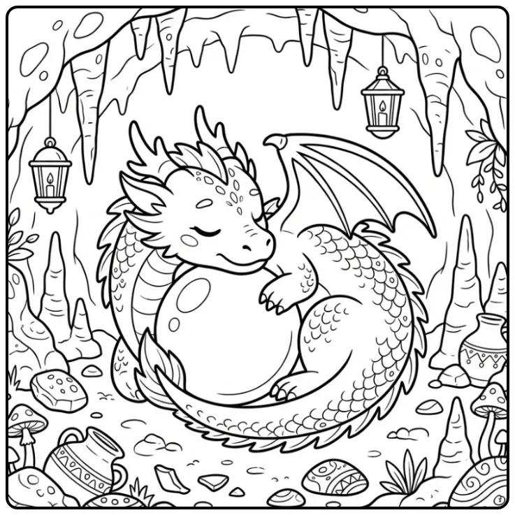 Chinese Dragon Sleeping in a Cave coloring page