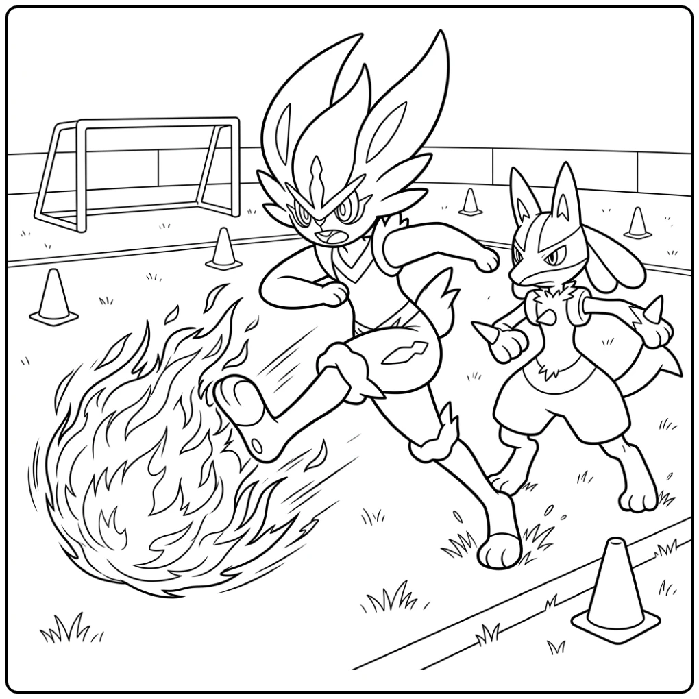 Action-packed Pokemon Cinderace and Lucario coloring page