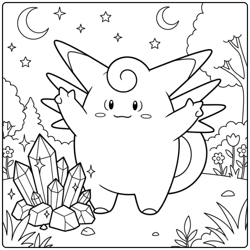Clefable Moonlight and Magical Crystals coloring page
