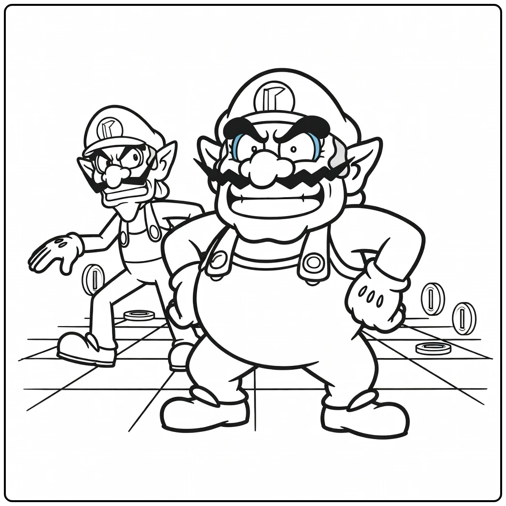 Competitive Wario with His Friend Waluigi coloring page