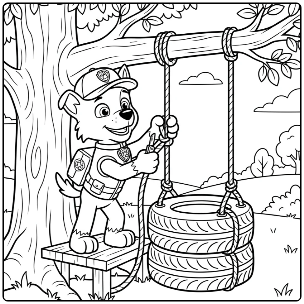Rocky Paw Patrol coloring page with a recycling adventure