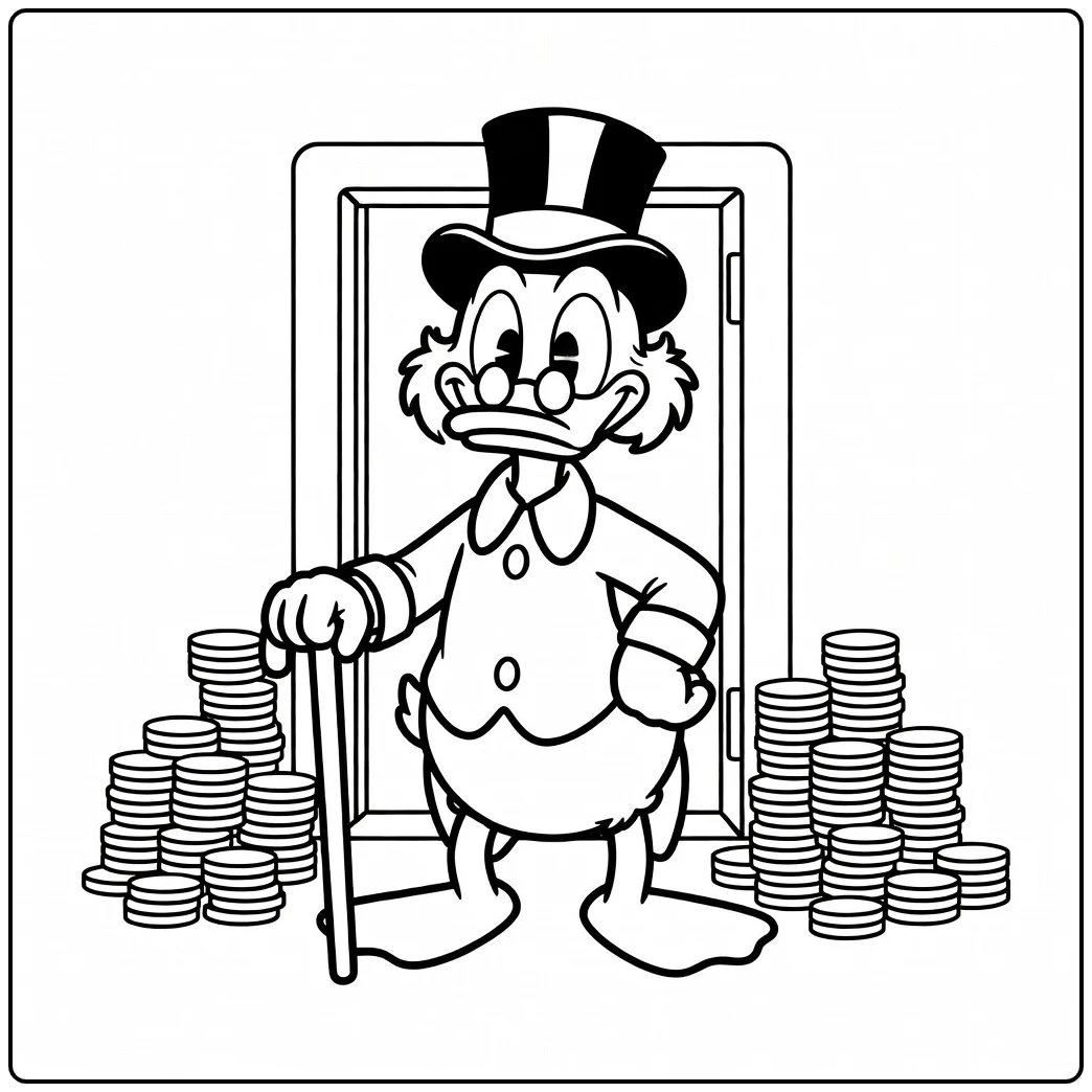 Proud Millionaire Scrooge McDuck in His Vault coloring page
