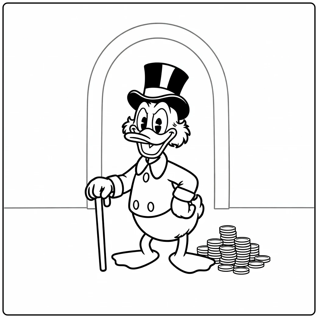 Scrooge McDuck Laughing Next to Coins coloring page
