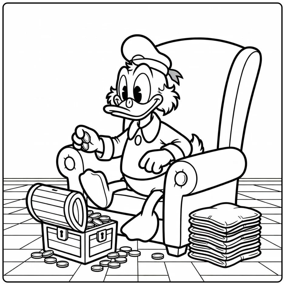 Scrooge McDuck with a Coin Treasure coloring page