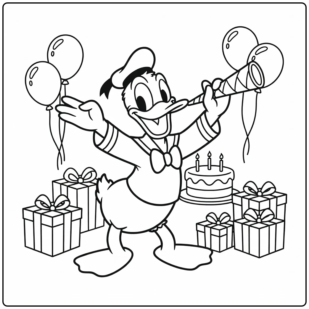 Donald Duck Dancing at a Fun Birthday Party coloring page