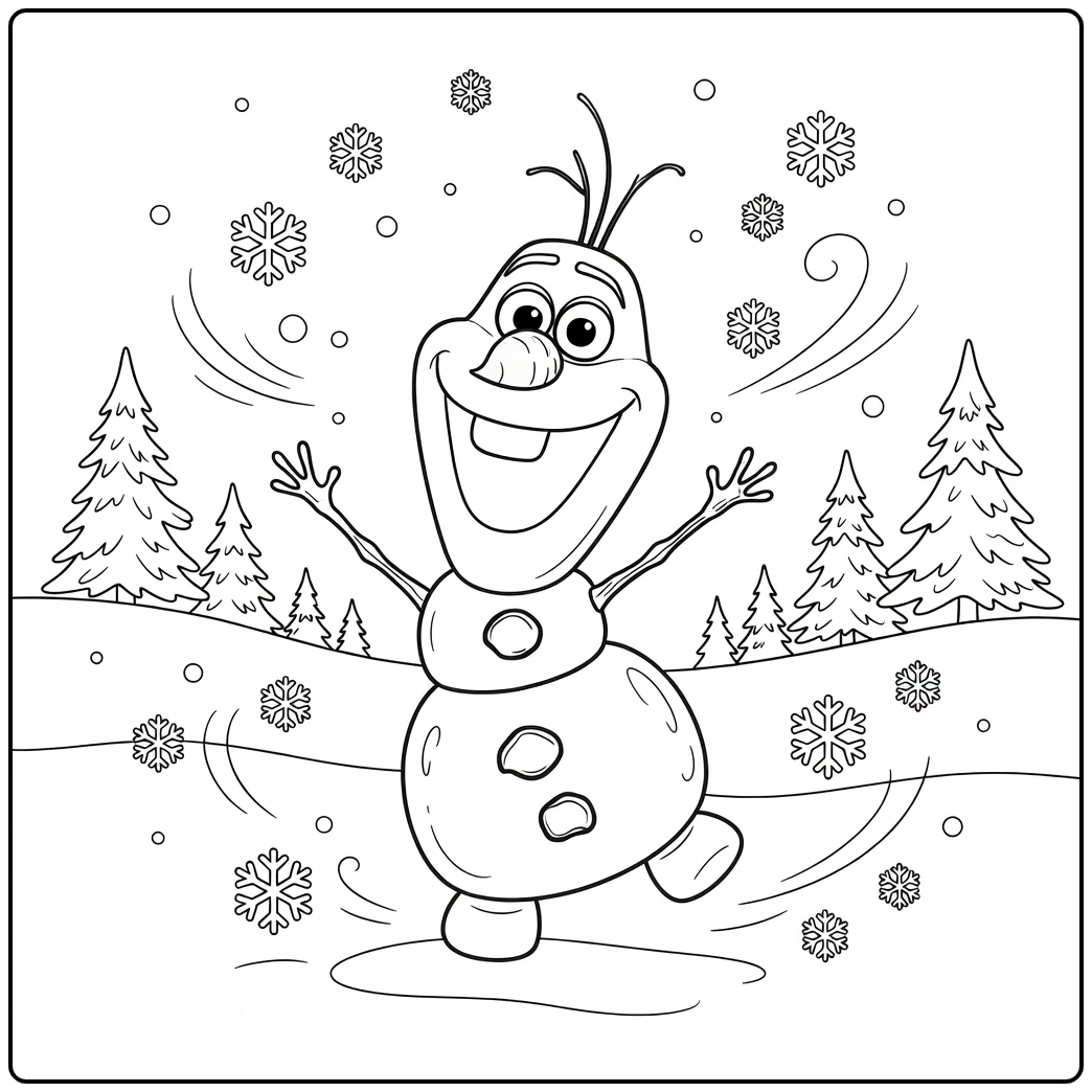 Dancing Olaf Trees and Snowflakes coloring page