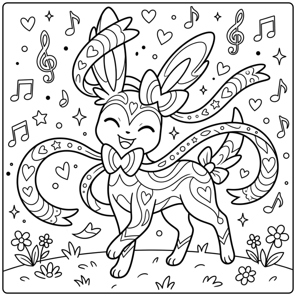 Dancing Sylveon Music Notes and Cheerful Ribbons coloring page