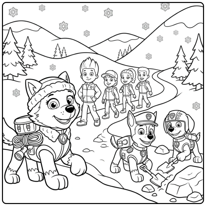 Brave Ryder and Team a Everest Paw Patrol coloring page