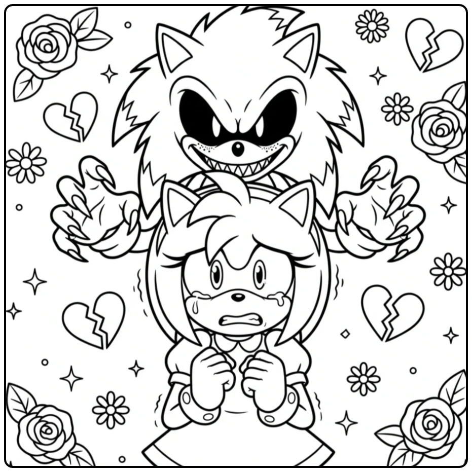 The Frightening Sonic.EXE and Amy coloring page