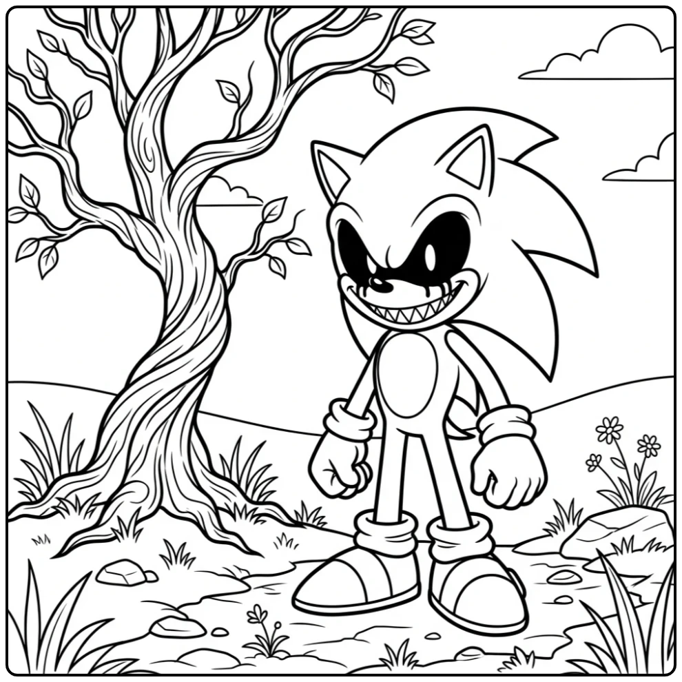 The Frightening Sonic.EXE Next to a Tree coloring page