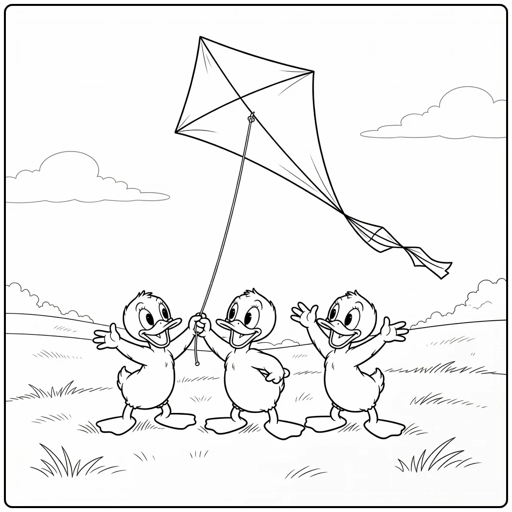 Huey, Dewey, and Louie Having Kite Fun coloring page