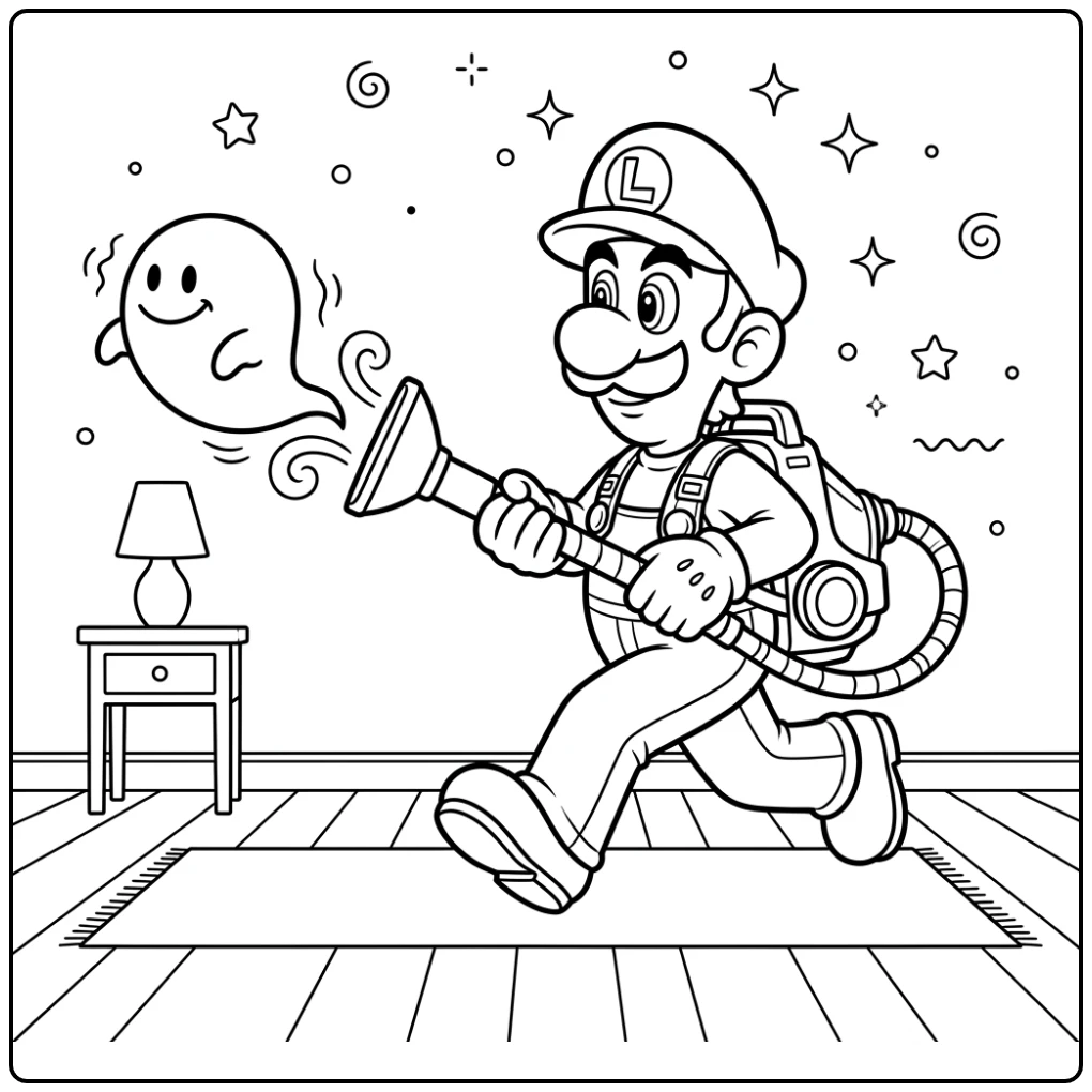 Adventurous Luigi Chasing a Ghost coloring page
