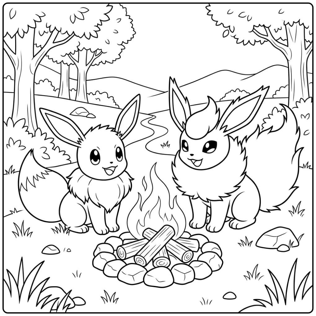 Best Eevee and Flareon at the Campfire coloring page
