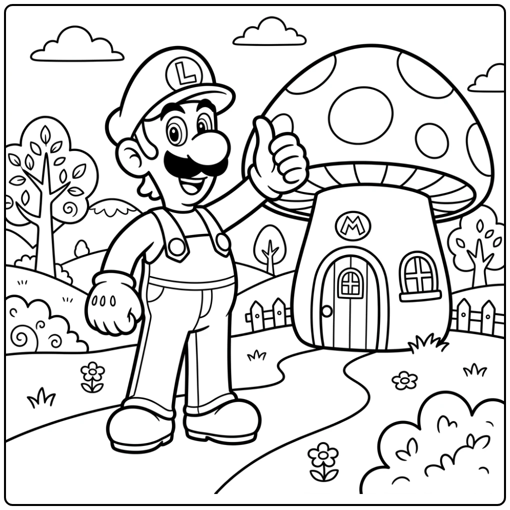 Luigi and His Mushroom House coloring page