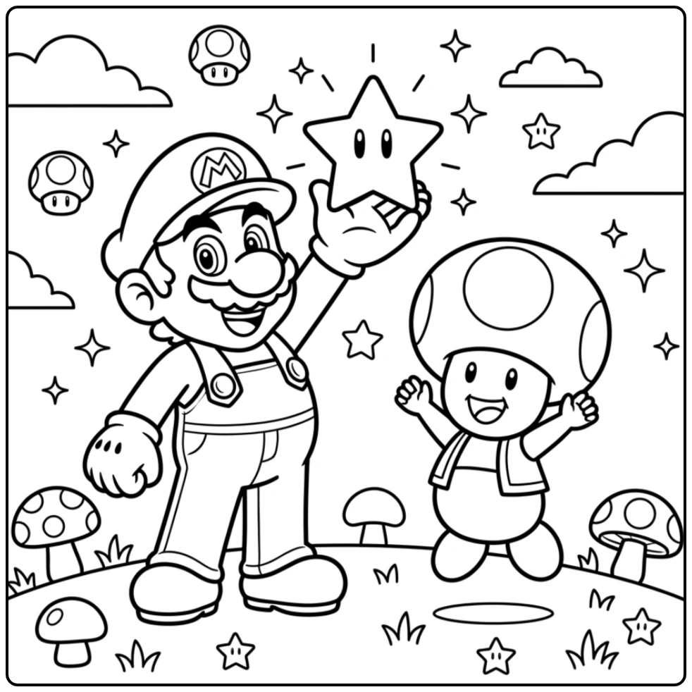 The Best Mario with Super Star and Toad in Mushroom Kingdom coloring page