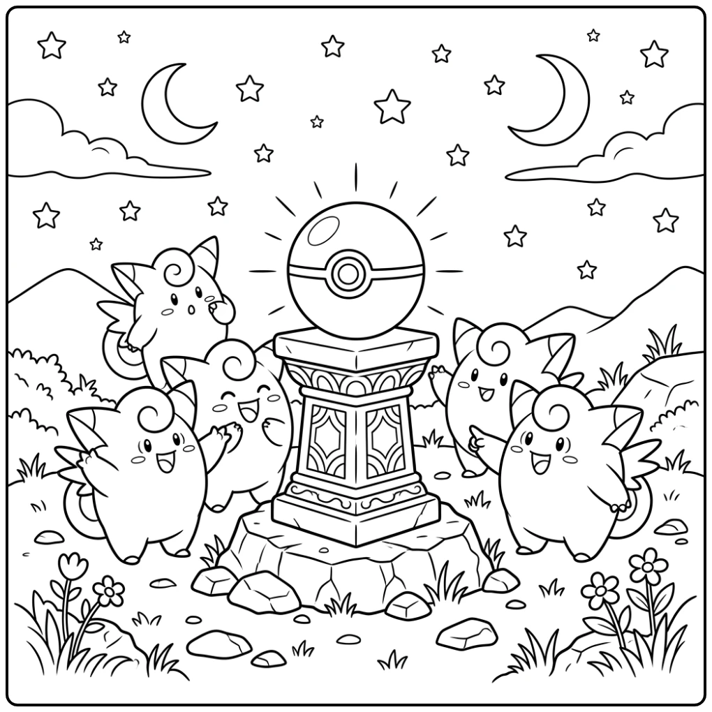 Enchanting Poke Ball with Dancing Clefairy coloring page