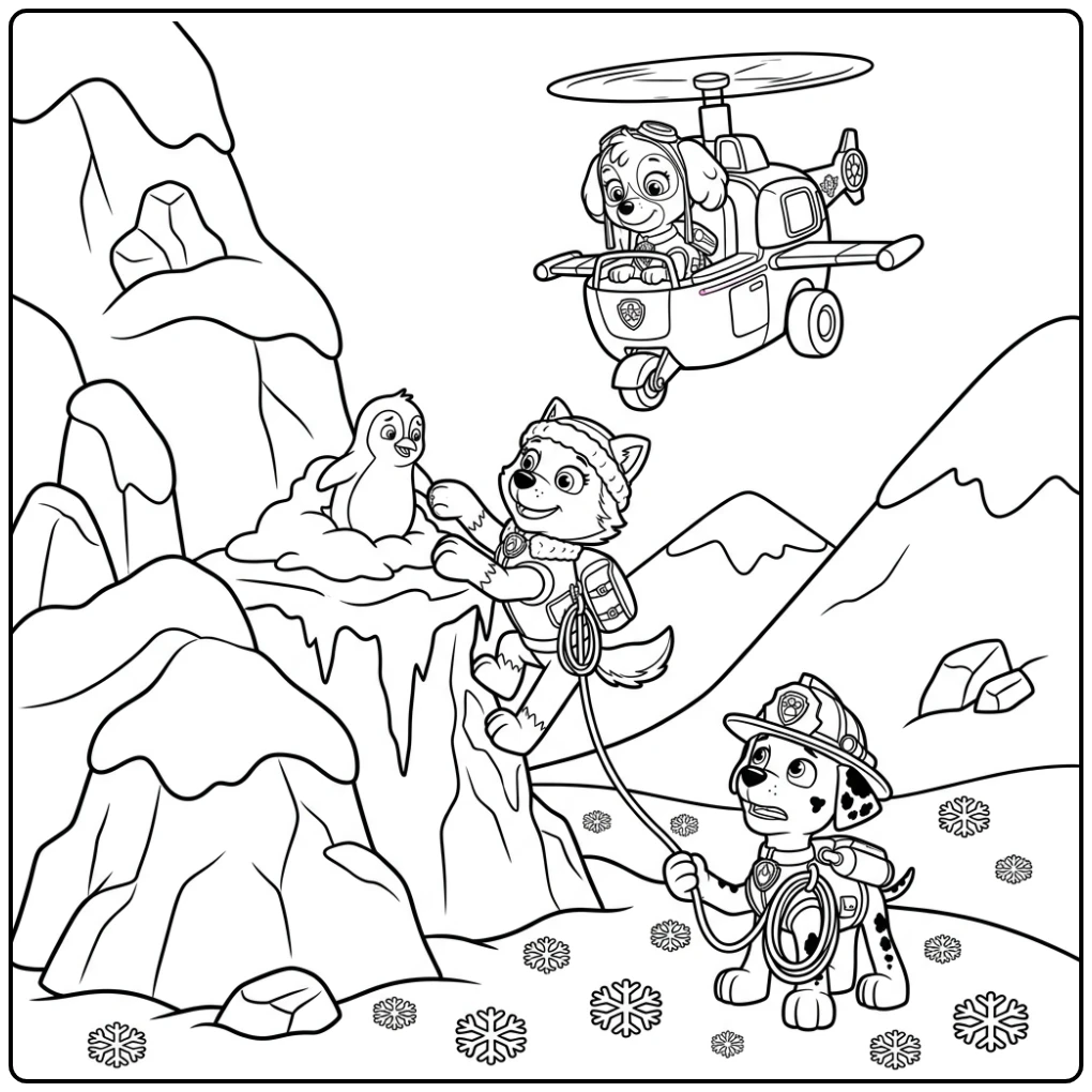 Brave Everest Paw Patrol Penguin Rescue in the Snow coloring page