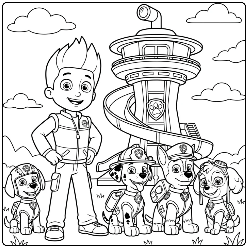 Brave Paw Patrol Ryder His Pups with the Tower coloring page