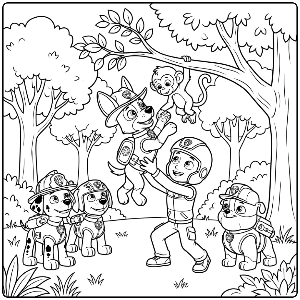 Paw Patrol Tracker Rescue Action in the Tree coloring page