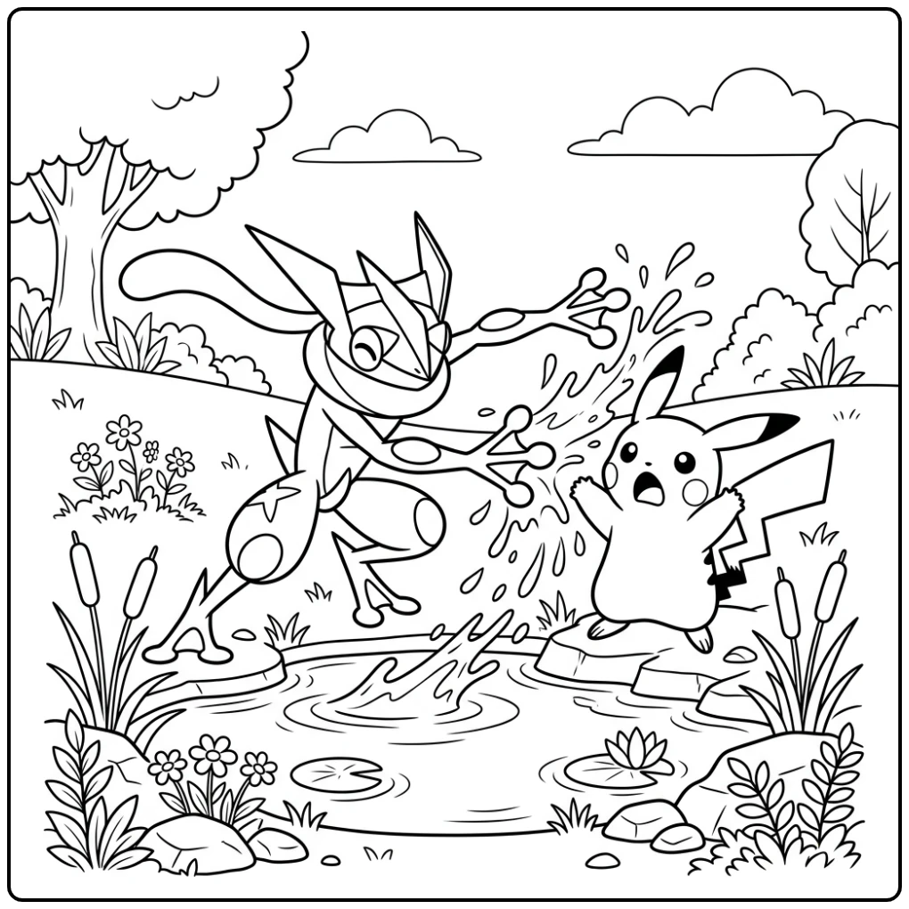 The Best Greninja Surprised Pikachu coloring page