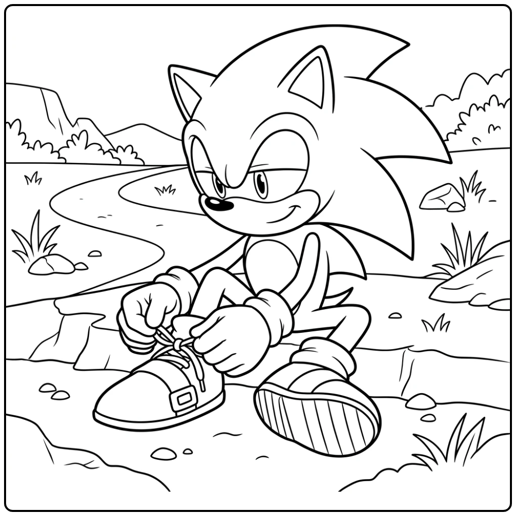 Casual Sonic Tying His Shoelaces coloring page