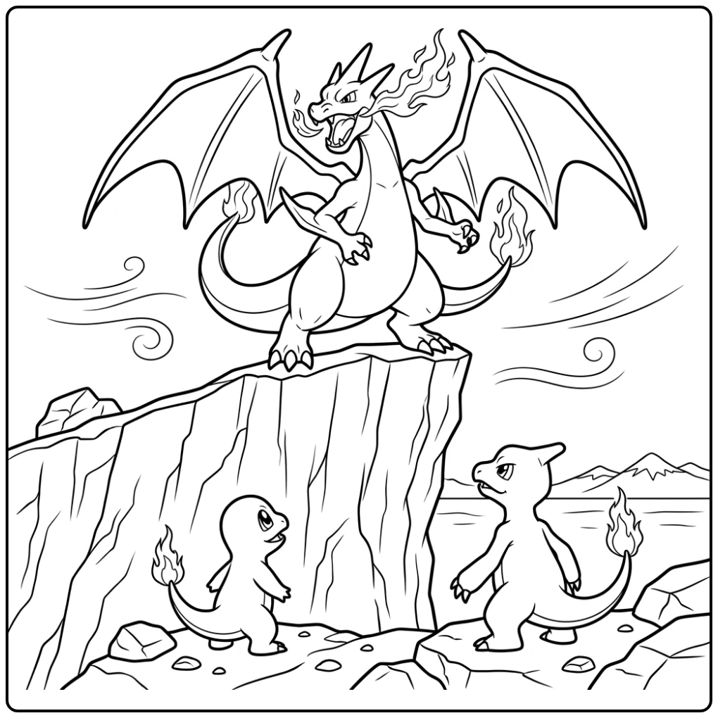 The Mighty Pokemon Mega Charizard Y Scene on a Cliff coloring page