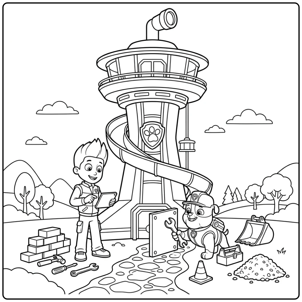 Paw Patrol Lookout Tower Rubble and Ryder at the Work coloring page