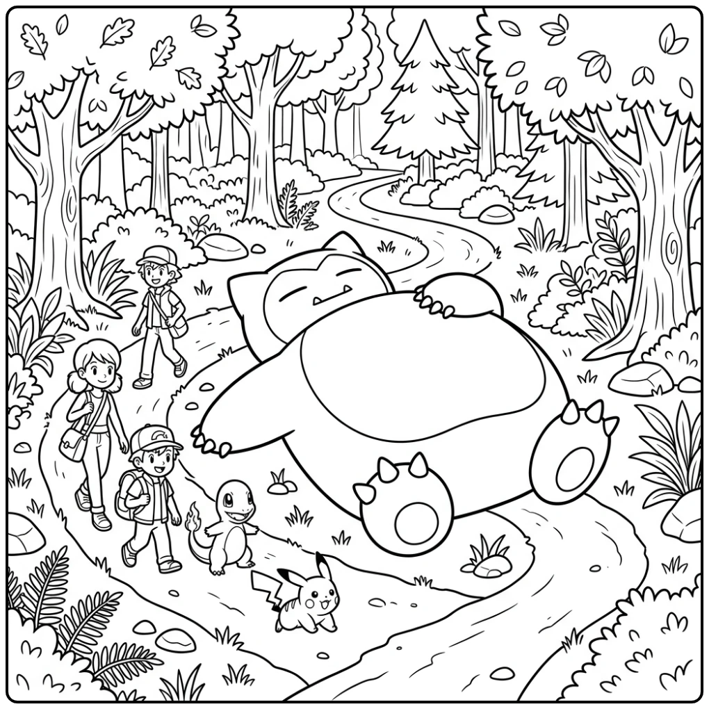 Snorlax Blocking the Forest Path with Friends coloring page