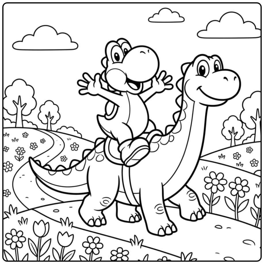 The Cheerful Yoshi Adventure on a Friendly Dinosaur coloring page