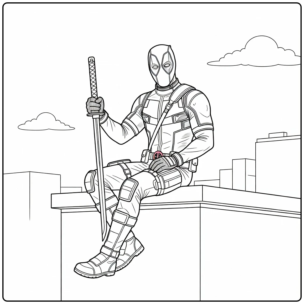 Deadpool Hero on Edge of the City with Sword coloring page