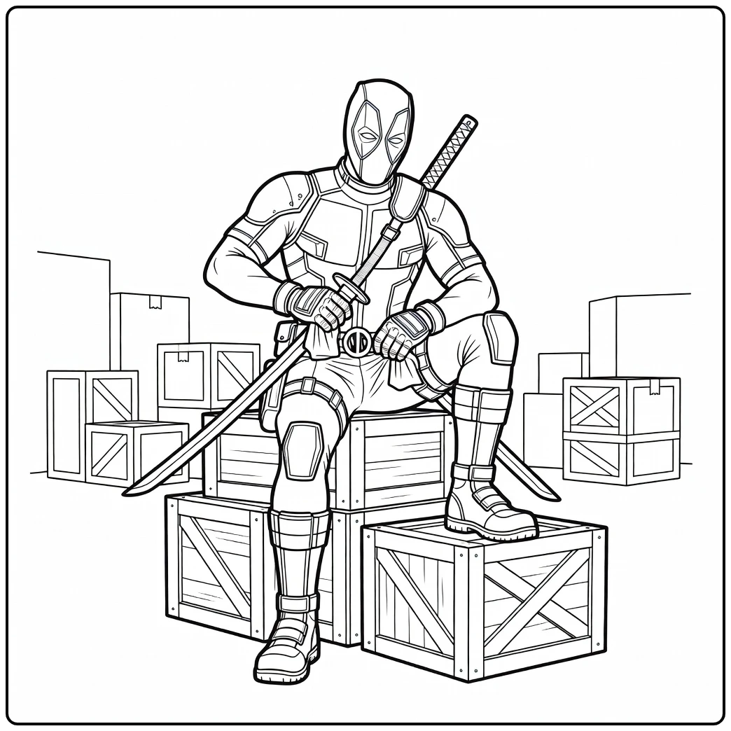 Deadpool Sitting on Chests with His Sword coloring page