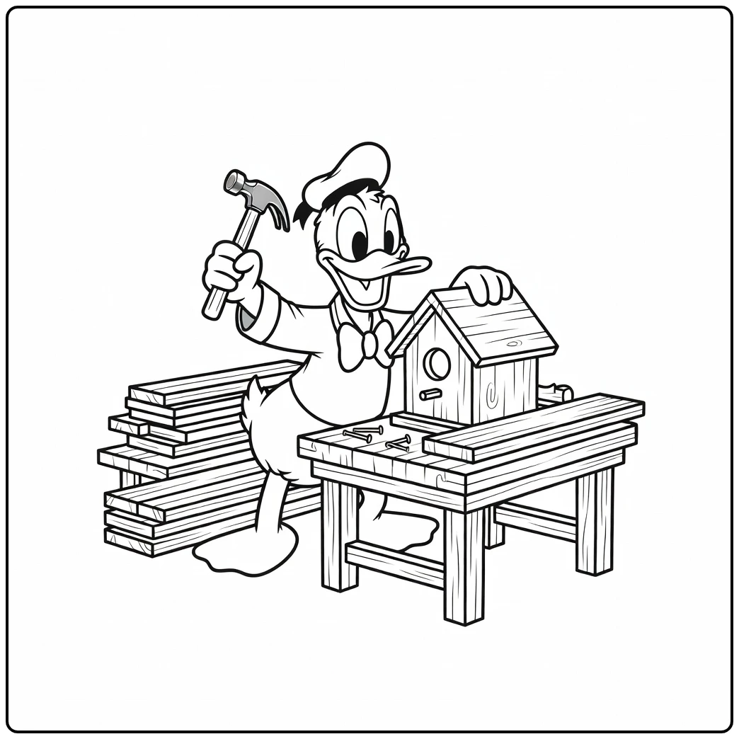 Detailed Donald Duck Building a Birdhouse coloring page