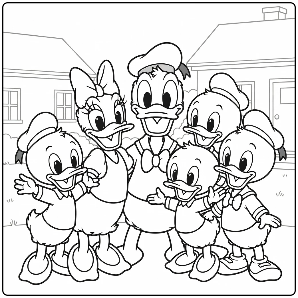 Cheerful Donald Duck Family with Daisy and His Nephews coloring page