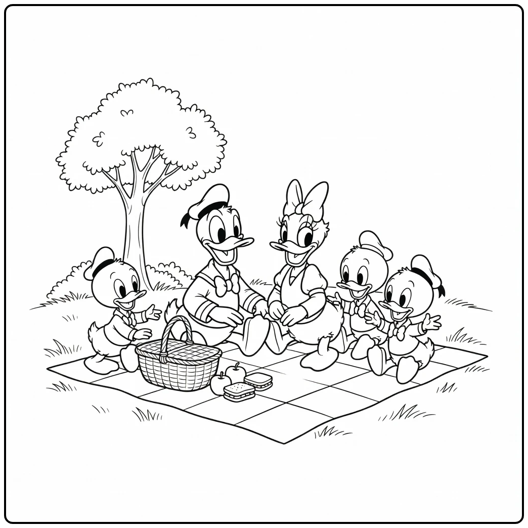 Donald Duck Family Picnic in the Green Grass coloring page