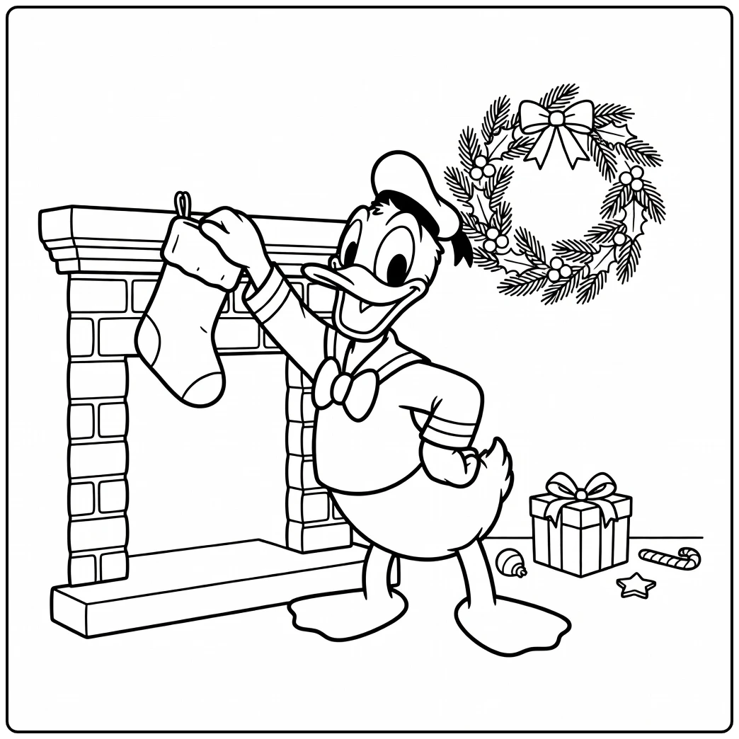 Donald Duck Christmas with the Open Fireplace coloring page