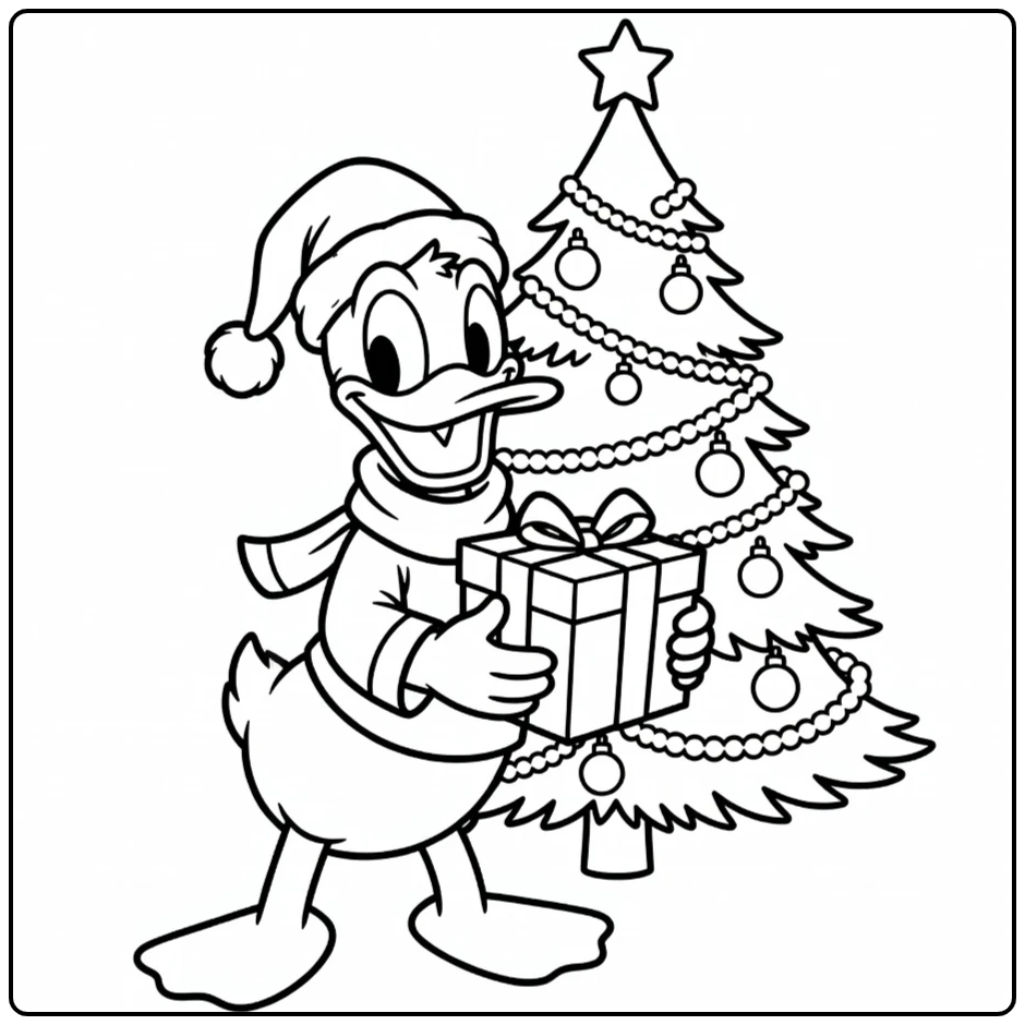 Donald Duck Christmas with Decorated Tree coloring page