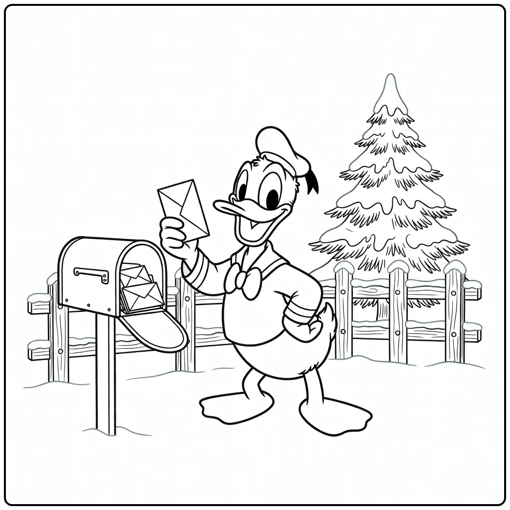 Donald Duck Receiving Christmas Mail at the Mailbox coloring page