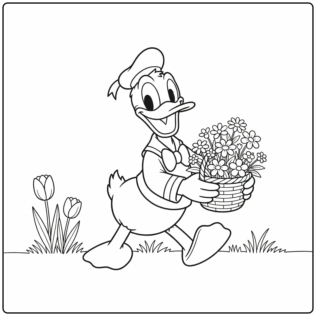 Easy Donald Duck Walking with Flowers coloring page