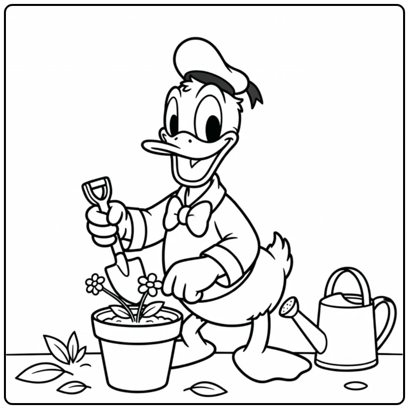 Easy Donald Duck Gardening with a Small Flower coloring page