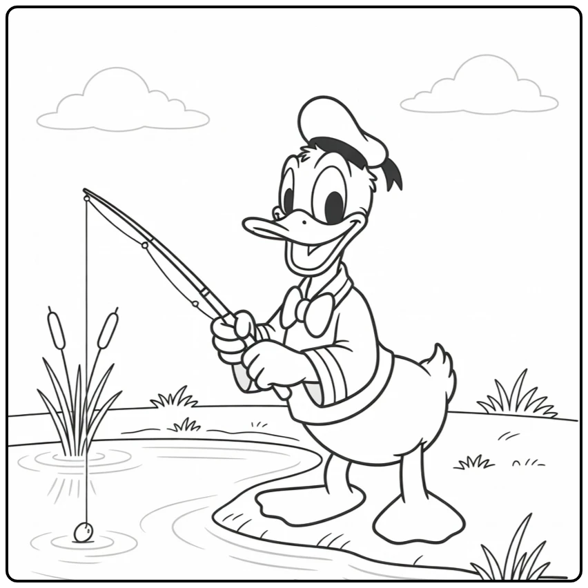 Easy Donald Duck Fishing at the Pond coloring page