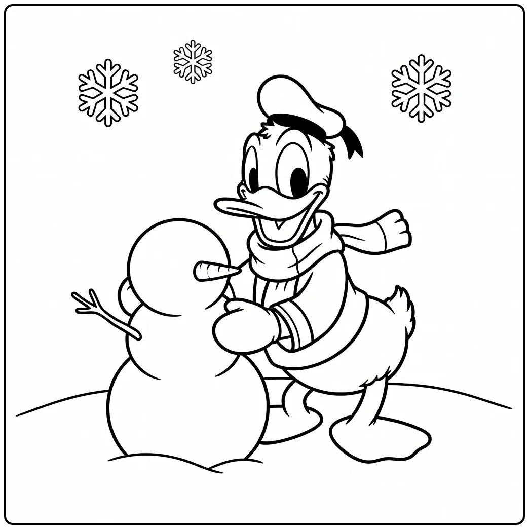 Easy Donald Duck Winter Fun with Scarf and Oven Mitts coloring page
