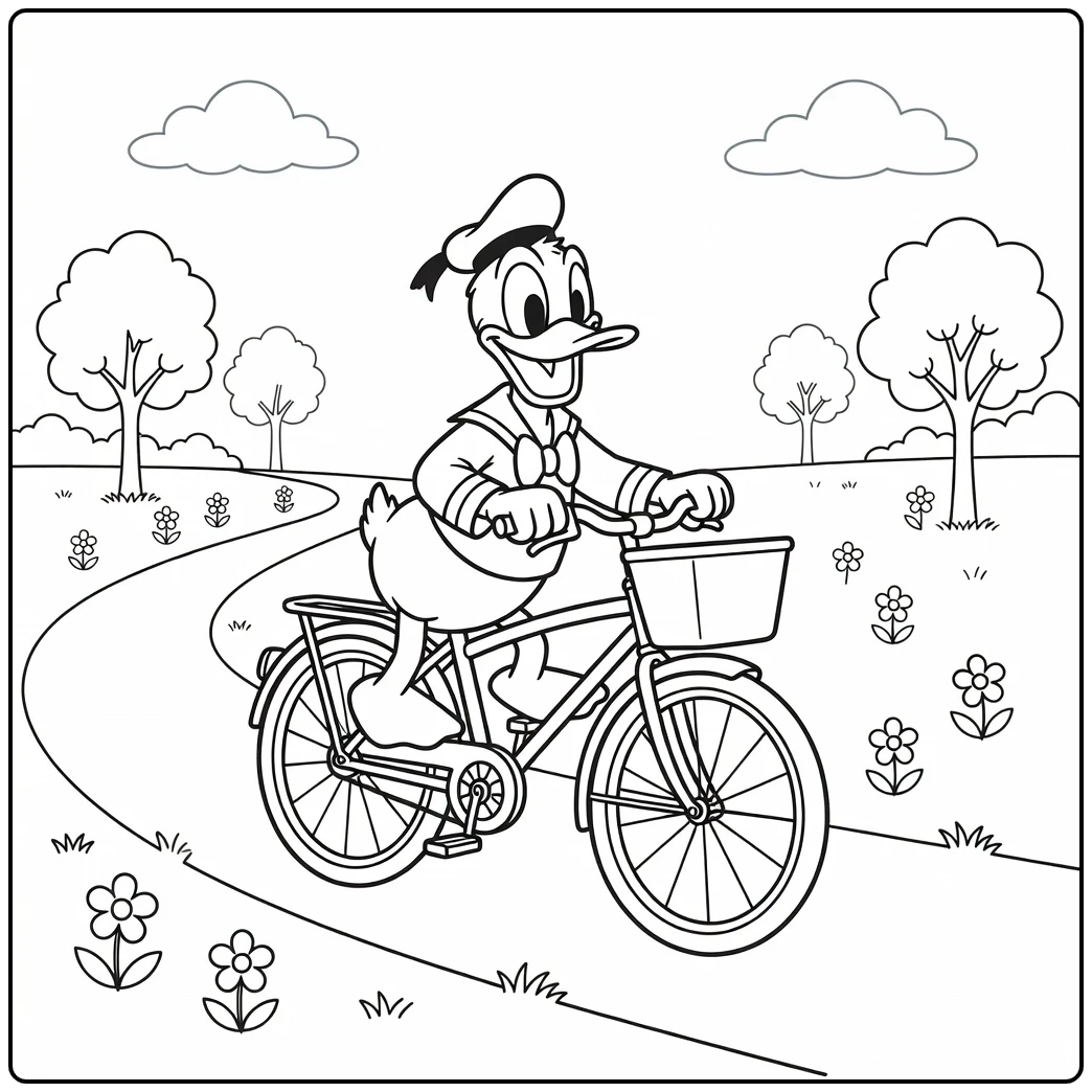 Detailed Donald Duck on a Bicycle Adventure coloring page