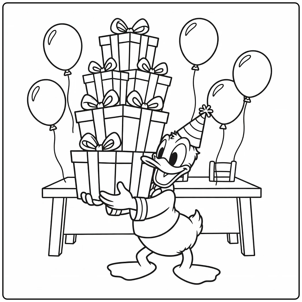 Donald Duck birthday coloring page with a festive party scene